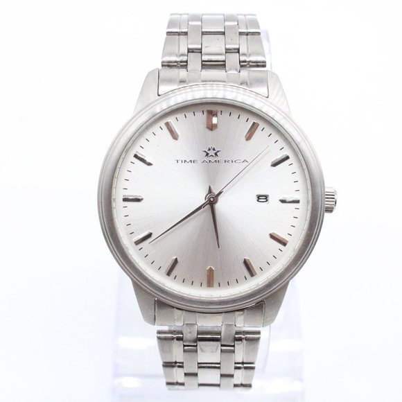 Time America Watch Mens Silver Tone Stainless Steel Classic Quartz Silver Dial - Picture 2 of 8
